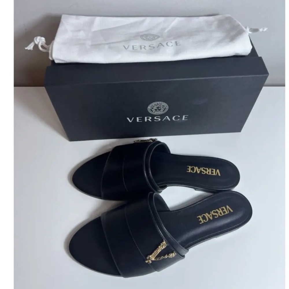 Versace Virtus Black Leather Sandal - Picture 2 of 10